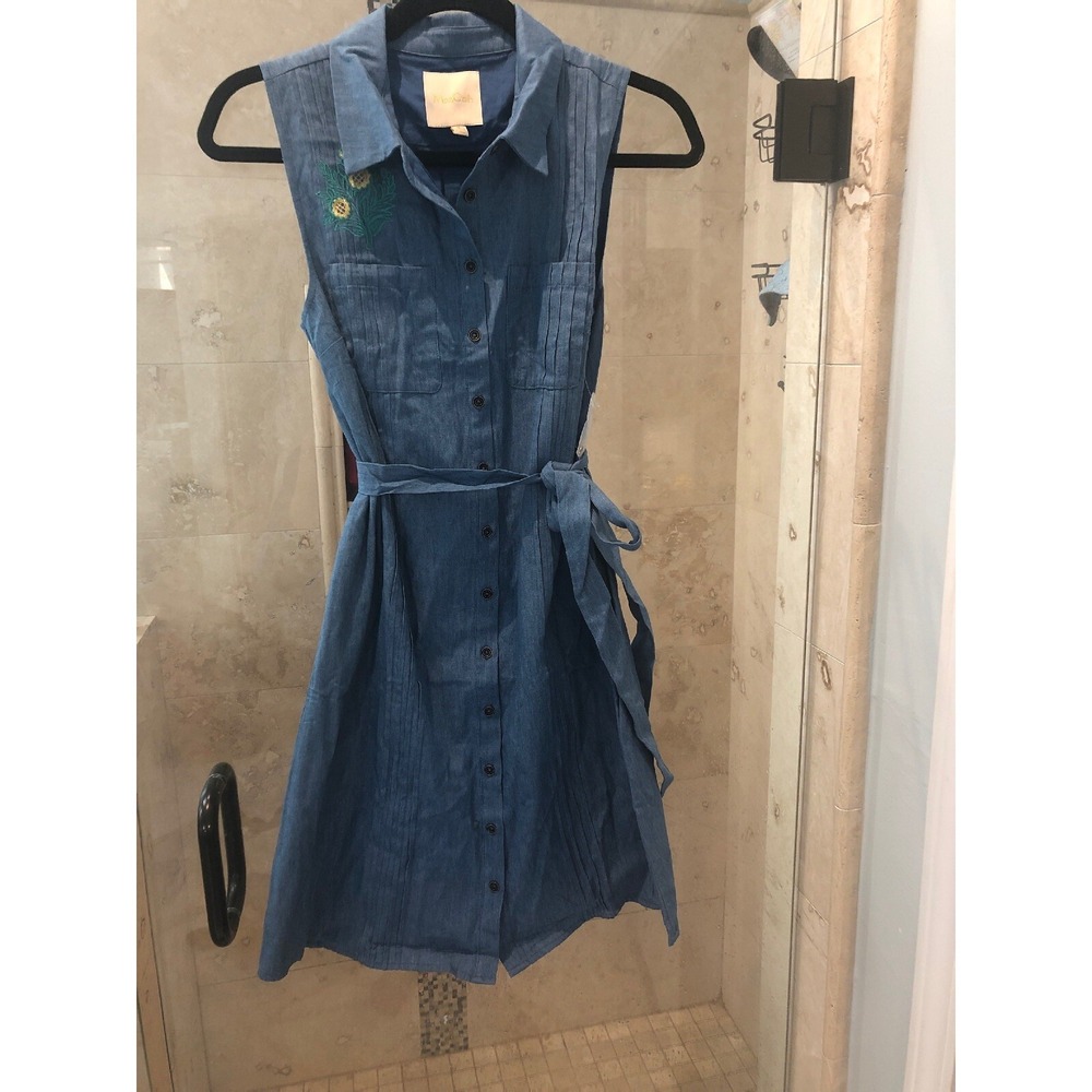ModCloth Blue Denim Embroidered Fit & Flare Sleeveless Dress NWT Womens Size S